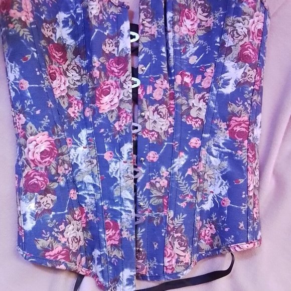 Corset Blue With Pink Flowers Size S K8 - Picture 1 of 10